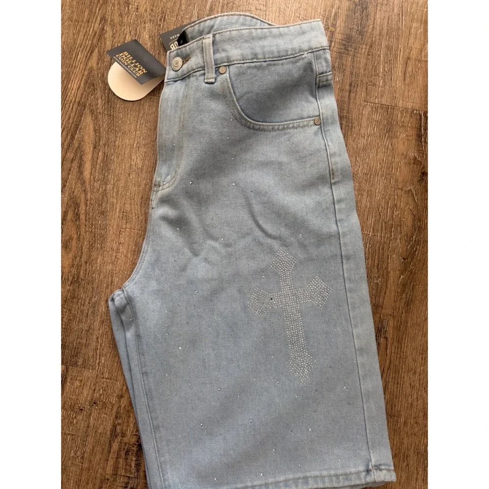 Billion Dollar Coin Club Mens 34W Rhinestone Cross Denim Shorts Light Wash Blue